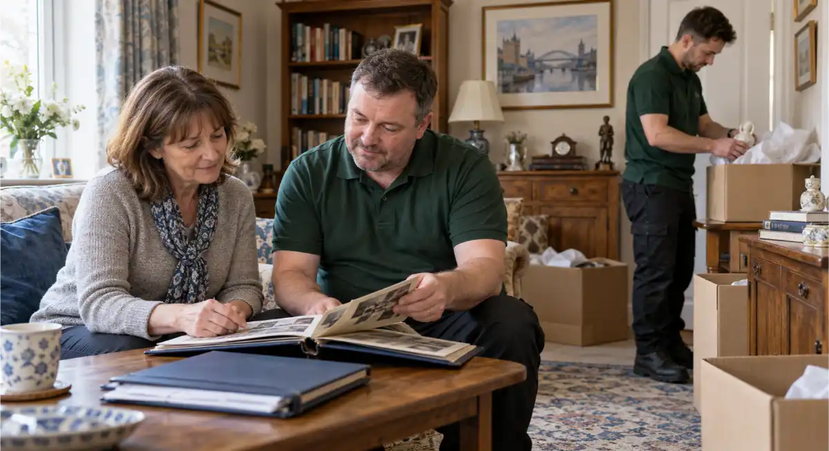 Deceased estate clearance team helping a family member preserve photographs and belongings in Newcastle